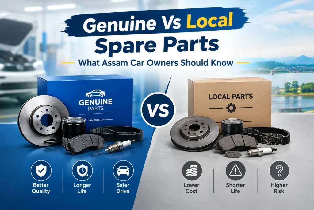 Side-by-side comparison of genuine branded spare part packaging and unbranded local part