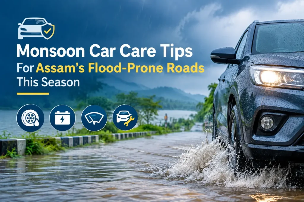 Car driving through waterlogged street in Guwahati during monsoon season